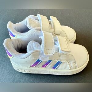 Adidas Baby Grand Court Leather Shoe Silver Stripe, 6K- White